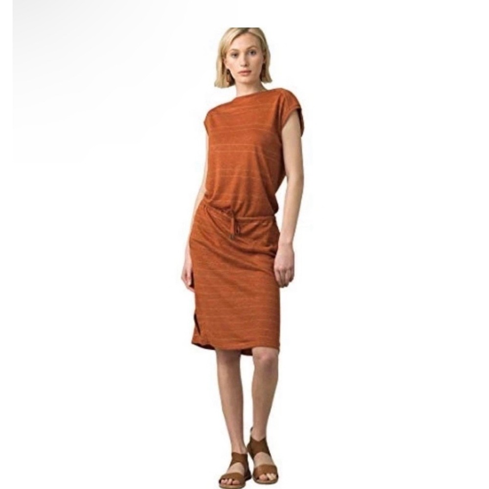 Prana Womens SZ XS/2‎ Caris Cozy Up Beach Hopper Hemp Dress RUST STRIPED Pockets